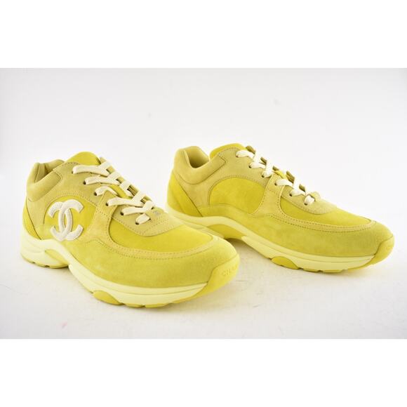 Chanel 19S Mens Yellow White Suede CC Logo Low Top Runner Trainer Sneaker 44 11 - Picture 3 of 12